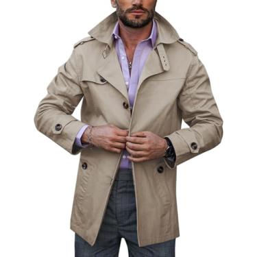 Imagem de Runcati Casaco masculino trench coat único trespassado comprimento médio slim fit clássico leve manga longa jaqueta corta-vento, Caqui, G