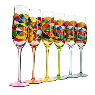 Imagem de Conjunto de 6 taças de champanhe de vitral pintadas à mão - Wine Savant - Taças de champanhe renascentista coloridas sopradas à mão de 198 g - 26 cm de altura, 6,9 cm de diâmetro, design multicolorido
