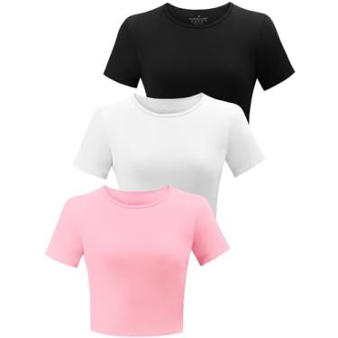 Imagem de Yeawinta Pacote com 3 camisetas femininas cropped de algodão de manga curta, Preto/branco/rosa, P