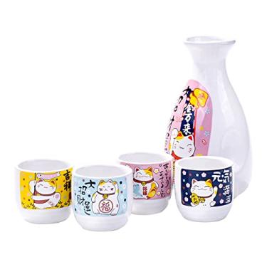 Imagem de Cerficer Conjunto de 5 de cerâmica de saquê japonês de porcelana com 1 garrafa de saquê e 4 copos de saquê para saquê e vinho, tem um gato da sorte impresso nele