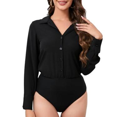 Imagem de PBQOA Body feminino de uma peça, blusa de manga comprida, sem rugas, camisa de negócios, com botões, profissional, escritório, casual, trabalho, Preto, G