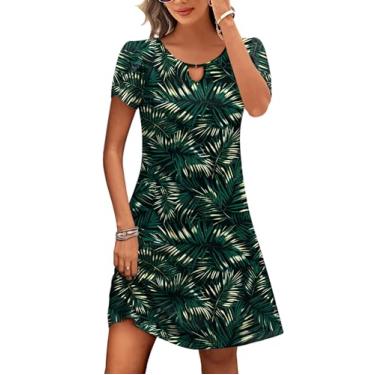 Imagem de HOTOUCH Vestido feminino casual evasê com bolsos verão praia floral vestido camiseta mini vestido de manga curta vestidos de verão soltos, Estampa de folha verde, G