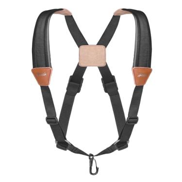 Imagem de Flexzion Alça de ombro para saxofone profissional com design de arnês ajustável no peito, suporte de saxofone macio acolchoado com gancho giratório de metal, acessório de instrumento musical para saxofone barítono soprano alto tenor, preto