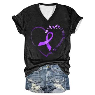 Imagem de PKDong Camiseta feminina de conscientização de Alzheimers, gola V, manga curta, roxa, estampa floral, camiseta feminina para o verão, Z11 Preto, G