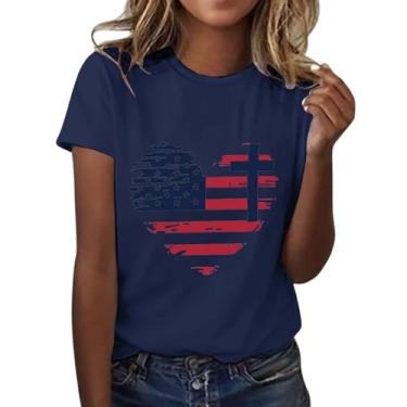 Imagem de Camisetas femininas patrióticas de 4 de julho com estampa de coração com bandeira americana, túnicas, manga curta, gola redonda, verão, Azul marino, G