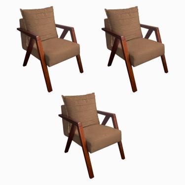 Imagem de Kit 3 Poltronas Monalisa Decorativa Mona Pés de Madeira Maciça Linho Marrom