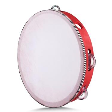 Imagem de Flexzion Pandeiro portátil de madeira, 25,4 cm, fileira única, 8 pares (vermelho) – Tambor de Percussão Manual Lua Musical com Punho Ergonômico para Crianças Adultos, Presente de Sala de Aula, Festa KTV