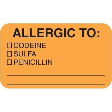 Imagem de Doctor Stuff - File Folder Chart Labels, MAP4920, Allergic To Codeine, Allergy Medical Stickers, Fluorescent Orange/Black, 1-1/2" x 7/8", 250 per Box