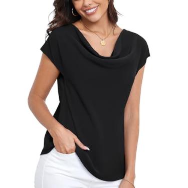 Imagem de MEILANZJ Blusas femininas de verão, chiffon, caimento solto, casual, manga curta, gola V, camisas de trabalho para escritório, Preto, XGG