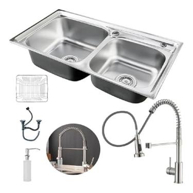 Imagem de Kit Cuba Dupla Gourmet 78x43 de Cozinha Com Acessórios e Torneira Gourmet Extensível Monocomando Prata Brinovar
