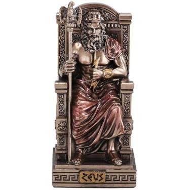Imagem de Veronese Design Zeus de 9,5 cm sentado no trono segurando escultura de resina Thunderbolt em miniatura com acabamento em bronze pintado