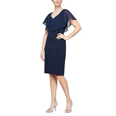 Imagem de S.L. Fashions Vestido feminino de manga curta com bainha de renda e enfeite, Popover azul-marinho, 42