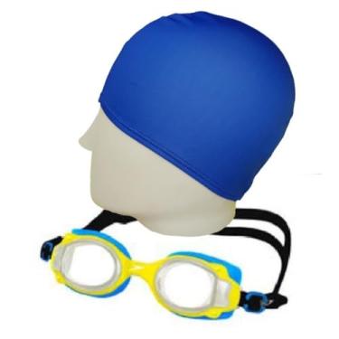 Imagem de Kit Natação Speedo Óculos Lappy Antiembaçante Proteção UV + Touca Tecido Infantil Confortável (Óculos Amarelo + Touca Azul)
