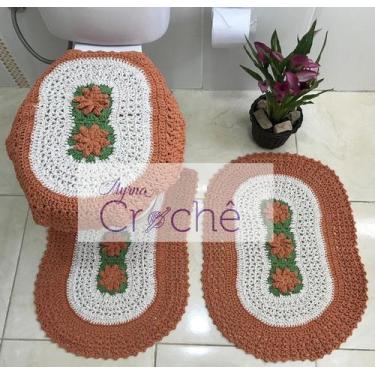 Imagem de Jogo de Banheiro Crochê Bordado Premium 3 Peças - Myrna Crochê, Laranj