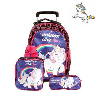 Imagem de Kit Mochila Escolar Infantil Unicórnio Roxa Com Rodinha
