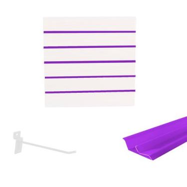 Imagem de Painel Canaletado Branco em Mdf 0,61 x 0,61m com Perfil Pvc Roxo e 10 