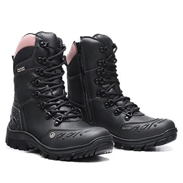 Imagem de Bota Feminina Motociclista Couro Legitimo Semi Impermeável Confortável Cano Alto (Preto+Rosa, BR, Adulto, Numérico, 36)