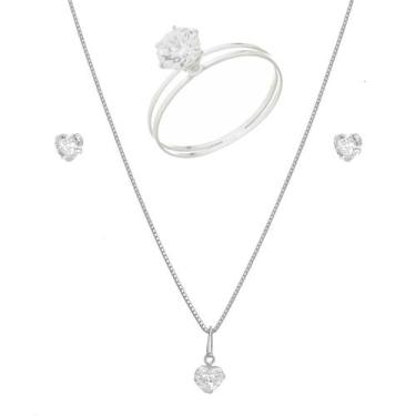 Imagem de Colar Feminina 40cm Prata 925 Kit Brinco Pingente Anel - DR Joias, 17