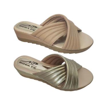Imagem de Kit 2 Pares Tamanco Feminino Tiras Anabela Super Conforto Moda Pé, Nud