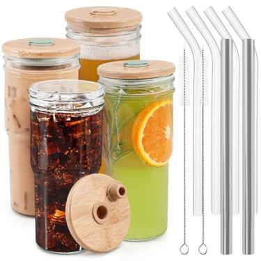 Imagem de Caperci Copos de vidro com tampas e canudos - Pacote com 4 copos de café gelado com válvula de ar de 680 g, copos fofos de Smoothie Boba com tampas de bambu, copo de vidro para coquetel, uísque,