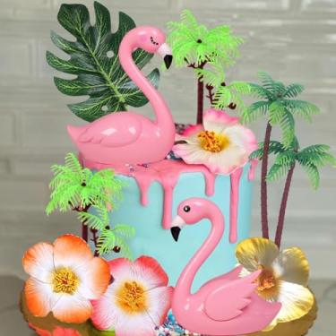 Imagem de Topos de bolo de flamingo, flores artificiais, folhas de palmeira, decoração de bolo para aniversário, verão, artigos de festa temática havaiana tropical (folhas verdes)