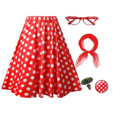 Imagem de Knemksplanet Saias midi poodle femininas dos anos 50, 4 peças, acessórios de fantasia dos anos 50, cachecol e brincos de bolinhas, Bolinhas vermelhas, X-Large