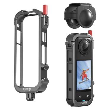 Imagem de WOENJO Gaiola de moldura de alumínio para Insta360 X4, capa protetora para acessórios Insta 360 X4, com roscas de 1/10.2 cm, suporte para sapata fria, dedos dobráveis, tampa de lente de silicone