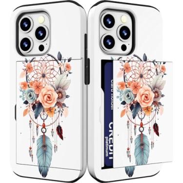 Imagem de IWONE Capa compatível com iPhone 15 Promax fofa com porta-cartões à prova de choque Slim Slot Phone 15 Pro Max capa carteira para mulheres/apanhador de sonhos flor pena feminina