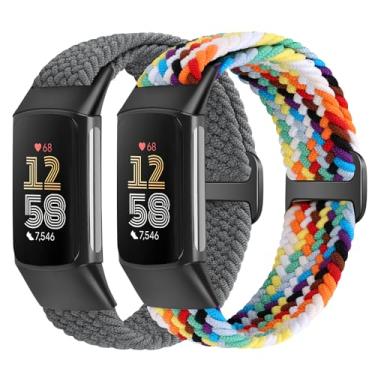 Imagem de VNDAPT Pulseiras elásticas trançadas compatíveis com Fitbit Charge 5/Fitbit Charge 6 para mulheres e homens, pulseira esportiva de nylon elástico respirável ajustável para Fitbit Charge 6 Charge 5