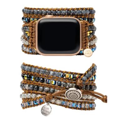 Imagem de Cape Diablo Pulseira de relógio inteligente Onyx Moonlight – Pulseira genuína de cristal energético – Boho, contas pretas e douradas, ajustável, pedra dos chacras curativos – modelos Apple 4, 5, 6, 7,