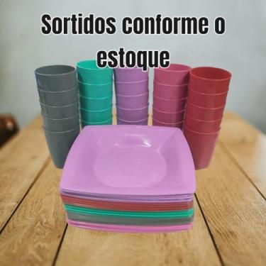 Imagem de Conjunto 25 pratos + 25 copos plásticos, coloridos ótimos para festas 