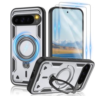 Imagem de Gritup Capa para Google Pixel 9 Pro XL: compatível com MagSafe e [2 películas HD], suporte giratório de metal, proteção antidigitais antiqueda de grau militar Pixel 9 Pro XL, cinza