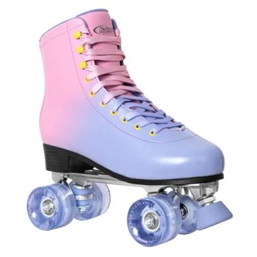 Imagem de Nattork Patins para mulheres e homens, patins de couro PU de cano alto gradiente roxo rosa com 4 rodas brilhantes, patins quadriláteros internos para adultos