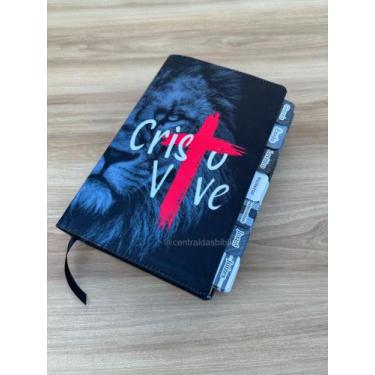 Imagem de Bíblia Leão de Judá Cristo vive com abas adesivas coladas ARC com harp