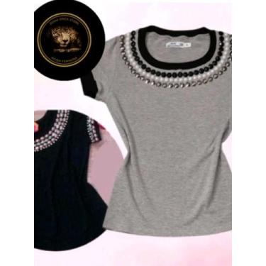 Imagem de T-shirt Blusinha Camiseta Feminina com Pedraria Pérolas Moda Verão Blu