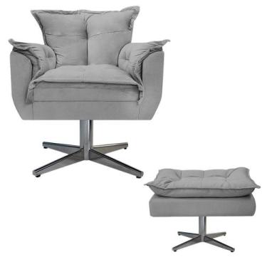 Imagem de Kit Poltrona e Puff Opala Base Giratória de Metal Suede Cinza - DAMAFF