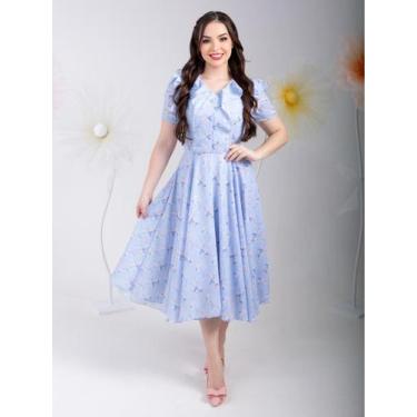 Imagem de Vestido feminino Midi com babado Rodado Florido - Fashion, Azul, G