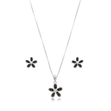 Imagem de Conjunto Colar e Brincos Flor Zircônio Negra Prata 925 - Atraktiva Joi