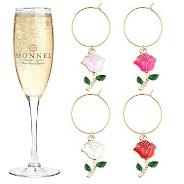 Imagem de P441 Marcador de vidro sortido de flores de rosas vazadas para festa com bolsa de veludo - Conjunto de 4, approx. 1.8 cm (H) x 1.1 cm (W) x 0.2 cm (D), Metal de liga de zinco, Strass