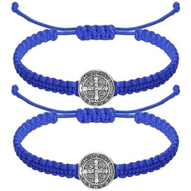 Imagem de Fumete 2 pulseiras católicas presentes de medalha de São Bento pulseiras de cordão ajustáveis presentes religiosos para homens mulheres aniversário feriado, 6.5 inches to 11 inches, Alumínio, Ágata