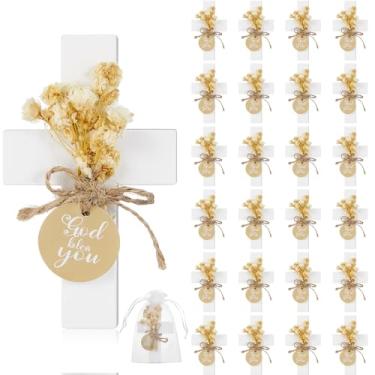 Imagem de Flutesan 24 conjuntos de lembrancinhas de batismo para convidados de primeira comunhão ímãs de cruz de madeira com flor e bolsa para lembrancinhas de festa de batismo, reunião de família, chá de bebê