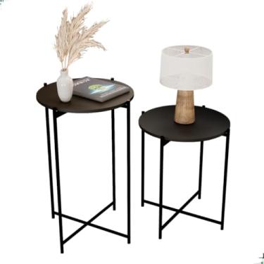 Imagem de Kit 2 Mesinha de Canto Redonda Articulada Pés Aço Dobrável Decoração Sala Mesa Apoio Lateral Centro(Preto)