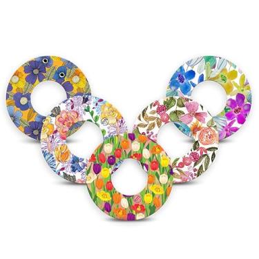 Imagem de ExpressionMed - Pacote floral brilhante - adesivos para Libre 2 (pacote com 5) - Feito nos EUA, impermeável, não desfia, fitas de sensor CGM pré-cortadas