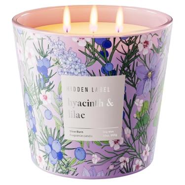 Imagem de Hidden Label Fragrância de jacinto e lilás, 3 velas grandes de pavio para casa perfumada, velas de soja natural de 850 g para perfume doméstico, tempo de queima de 100 horas, presente de vela de luxo