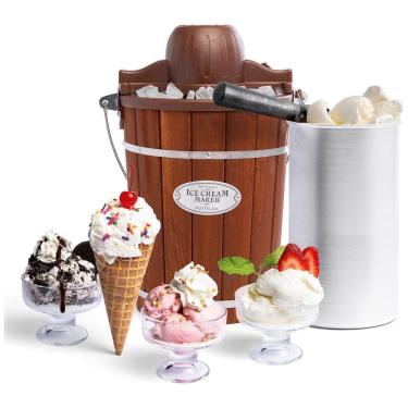 Imagem de Sorveteira Elétrica Faz 5,5L, Iogurte Congelado, Gelato, Feito de Madeira, NOSTALGIA ICMP600WD, Marrom
