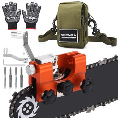 Imagem de WEOSMIRA Afiador de motosserra, ferramenta de afiar motosserra manual com 4 rebarbas, bolsa de transporte, escova de limpeza e luvas, tamanho grande, conjunto de afiador de motosserra portátil para a
