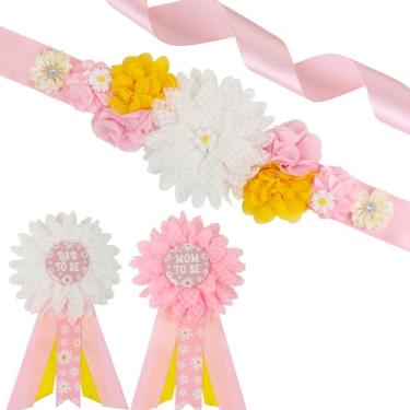 Imagem de JOYMEMO Kit de faixa de maternidade para chá de bebê de margarida rosa – cinto de barriga para chá de bebê boho margarida floral e broches de corsage para mamãe e papai, acessórios para fotos de novos