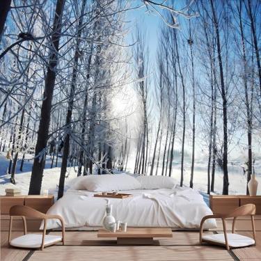 Imagem de Lcythiazole Papel de parede mural de cena de neve, mural de cena de neve 3D, árvores cobertas de neve, fotos HD cobertas de neve, para sala de estar, quarto, jantar, tamanho personalizável, descasque