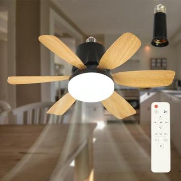 Imagem de IZOKIN Parafuso Em Lâmpada De Ventilador De Teto, Soquete De Luz De Ventilador Com Controle Remoto 20" 3000-6000K 40W Preto E Grão De Madeira