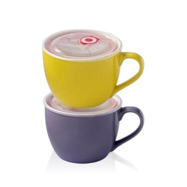 Imagem de BOWLLER Tigela de porcelana de 850 g com tampa e alça para sopa, salada, cereais e macarrão instantâneo, caneca de sopa com alça de preservação de calor, roxo e amarelo
